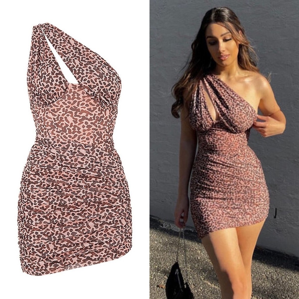 House of CB Pink Asymmetrical Ruched Bodycon Dress